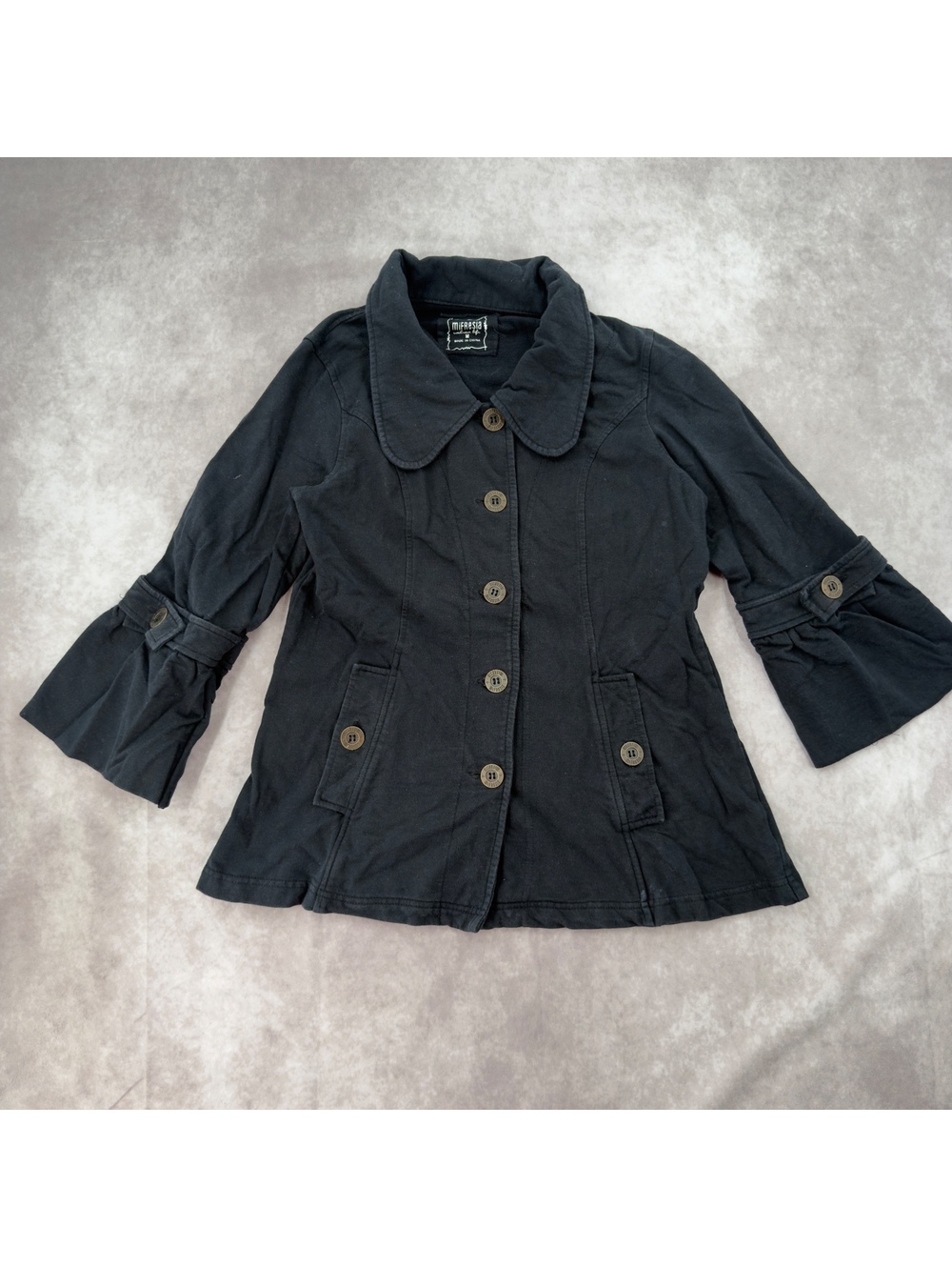 Y2K Mifresia black cotton button up jacket peter pan collar bell sleeve size M
